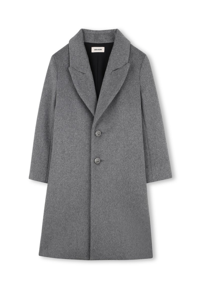Cappotto grigio in misto lana con una vestibilità sartoriale, ampi rever e due bottoni. Presenta un tessuto testurizzato e una foderatura interna completa.