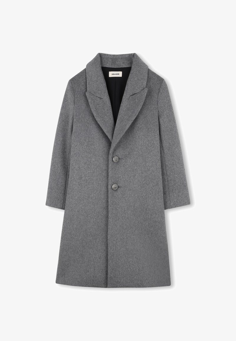 Cappotto grigio in misto lana con una vestibilità sartoriale, ampi rever e due bottoni. Presenta un tessuto testurizzato e una foderatura interna completa.