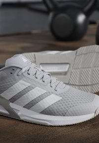 Chaussure de sport gris clair avec des rayures blanches et une semelle texturée reposant sur un sol en bois, kettlebells flous en arrière-plan.