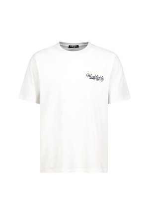 Weißes T-Shirt mit kurzen Ärmeln und dem Schriftzug "Worldwide Sublevel Collection" auf der linken Brust, Rundhalsausschnitt, schlichtes Design.