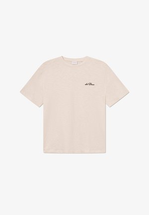 Beige short-sleeve t-shirt made from textured fabric, featuring a small black printed logo on the left chest area. Round neckline.
