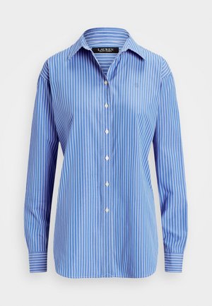 Niebiesko-biała koszula w paski z bawełny, z długimi rękawami, zapinana na guziki z przodu, klasycznym kołnierzem i małym wyszywanym logo na piersi.