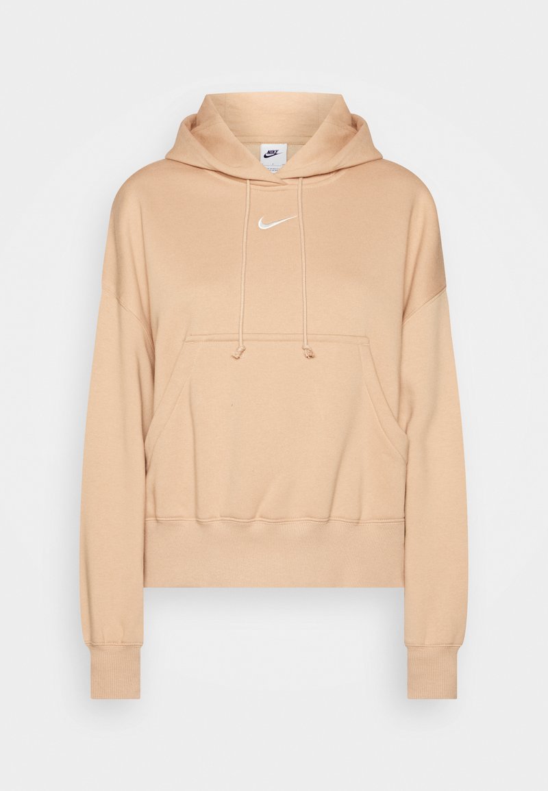 Beżowa bluza z kapturem z przednią kieszenią, regulowanym kapturem na sznurki i białym logo Nike na klatce piersiowej, wykonana z miękkiego materiału bawełnianego.