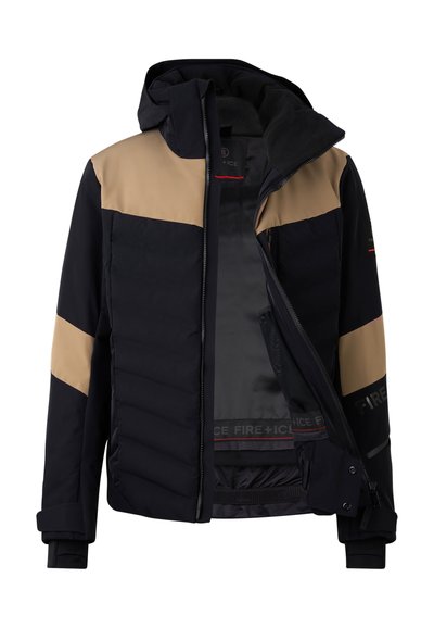Gepolsterte Jacke in Schwarz und Beige mit Kapuze, ausgestattet mit einem Reißverschluss, elastischen Bündchen und Logo-Akzenten. Die Innenseite zeigt eine glatte Fütterung.