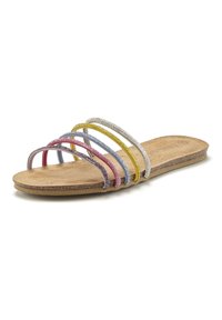Sandalo con fascette e suola in sughero. Presenta molteplici bande strette in rosa, argento, oro, blu e verde, con una superficie liscia.