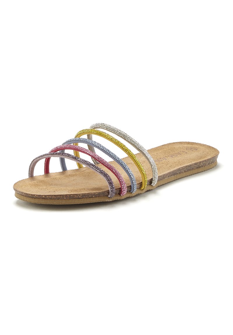 Sandalo con fascette e suola in sughero. Presenta molteplici bande strette in rosa, argento, oro, blu e verde, con una superficie liscia.