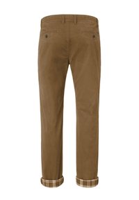 Braune Cordhosen mit geradem Schnitt, ausgestattet mit einem karierten Muster an den Beinabschlüssen und Gesäßtaschen. Glatte Textur mit eleganten Details.