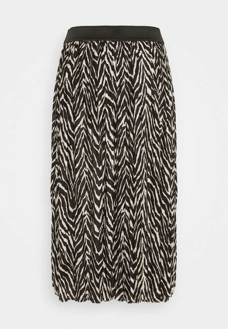 Falda plisada de tela ligera con un patrón de zigzag en blanco y negro, que cuenta con una cinturilla ancha negra para un mejor ajuste.