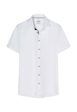 White short-sleeve button-up shirt with black buttons, spread collar, and subtle inner collar trim detail.