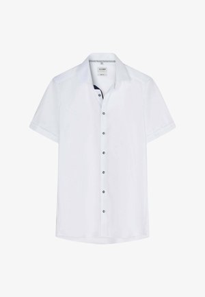 Weißes kurzärmeliges Hemd mit Knöpfen in Schwarz, weiterem Kragen und dezentem inneren Kragenbesatz.