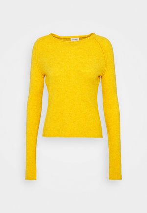 Yellow long-sleeve sweater with a round neck, fitted design, textured fabric, and slightly elongated sleeves, displayed against a white background.