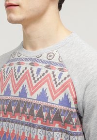 Sudadera gris con un patrón azteca geométrico multicolor con acentos en rojo, azul y marrón. Manga raglán con una textura suave.