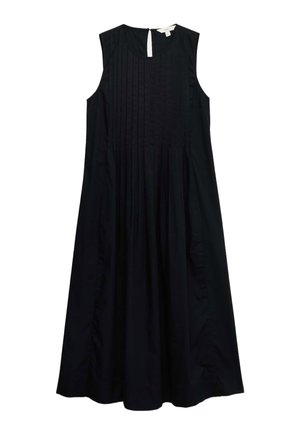 Abito nero senza maniche a linea ad A con dettaglio plissettato sul davanti e piccola apertura a occhiello sulla scollatura posteriore.