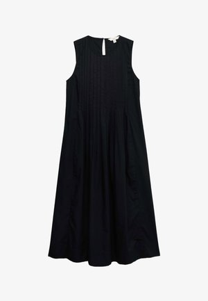 Abito nero senza maniche a linea ad A con dettaglio plissettato sul davanti e piccola apertura a occhiello sulla scollatura posteriore.