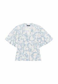 Lichtblauw bloemen top met witte patronen. Beschikt over korte, wijde mouwen en een V-hals ontwerp. Zachte stof, ontspannen pasvorm en moderne silhouet.
