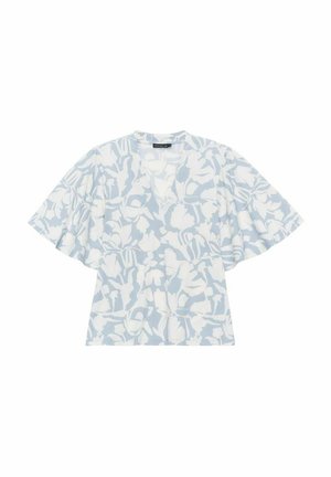 Lichtblauw bloemen top met witte patronen. Beschikt over korte, wijde mouwen en een V-hals ontwerp. Zachte stof, ontspannen pasvorm en moderne silhouet.