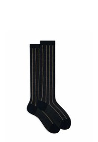 Calze blu navy fino al ginocchio con sottili strisce verticali marrone chiaro a contrasto. Tessuto morbido con trama costina e bordi e punte di colore scuro.