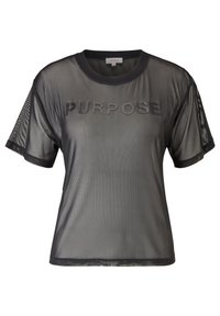 Sort mesh t-shirt med korte ærmer, der har ordet "PURPOSE" i fede bogstaver hen over forsiden. Blød tekstur og løs pasform.