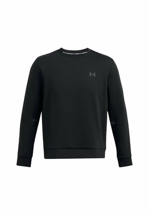 Black sweatshirt with a crew neck, long sleeves, and a tonal logo on the chest. Made of soft fabric with a smooth texture.