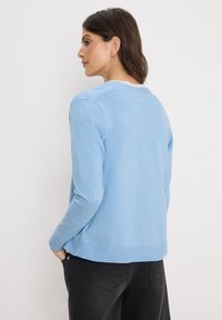 Modrý lehký svetr s dlouhými rukávy, žebrovanými manžetami a lemem. Jednoduchý design, měkká textura a kulatý výstřih. Pohled zezadu.