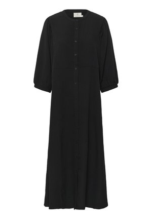 Črna obleka srednje dolžine, izdelana iz teksturirane tkanine, s krožnim izrezom, dolgimi puff rokavi in sprednjim zapenjanjem na gumb.