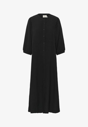 Must värvi keskmise pikkusega kleit, mis on valmistatud tekstuursetest kangast, ümmarguse kaelusega, pikkade puhvkaeltega ja nuppega ees.