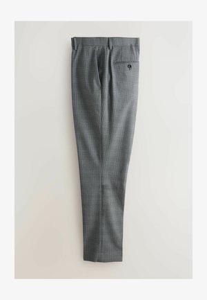 Graue karierte Hose mit geradem Schnitt, vorn mit Falten, einer einzelnen Tasche hinten mit Knopf und Gürtelschlaufen.