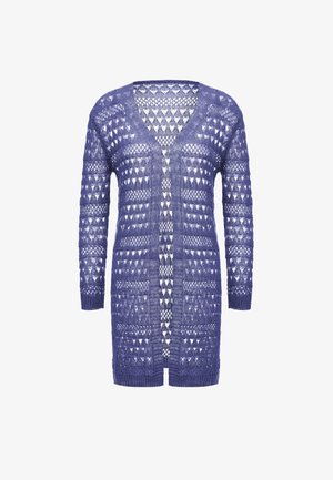 Cardigan in pizzo di colore viola scuro con maniche lunghe, scollatura a V e apertura frontale. Presenta motivi a diamante e a forma di cuore in tutto il capo.