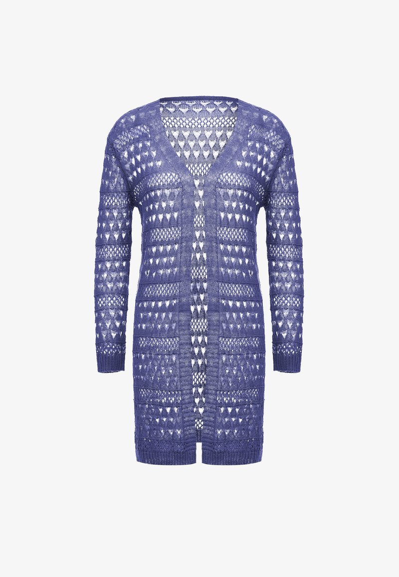 Sötét lila csipkekardigán, hosszú ujjal, V-nyakkal és nyitott elülső résszel. Az egész felületét gyémánt- és szívformájú minták díszítik.