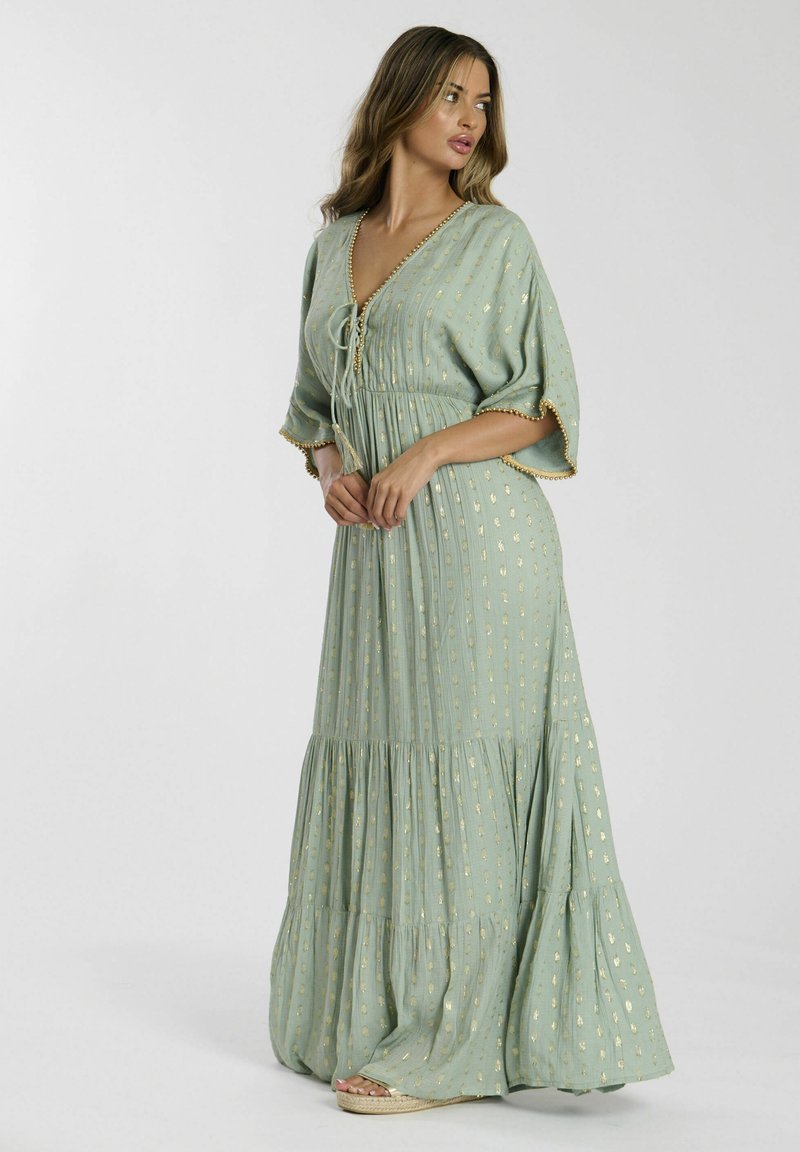 slim fit dress slacks Gold Foil Long Sleeve Lace Trim V Neck Maxi Dress In Green  FS Collection  (London)