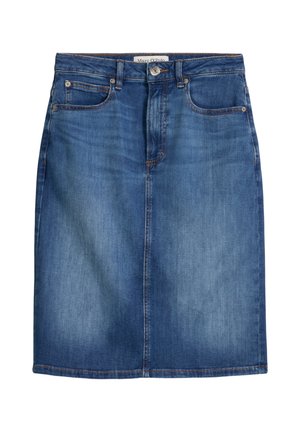 Jupe en denim bleu longueur genou avec boutons avant, fermeture éclair, passants de ceinture et design à cinq poches.