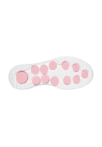 Suela de zapatilla blanca con superficie texturizada, que presenta almohadillas circulares rosas de varios tamaños para mejorar la tracción y la amortiguación.