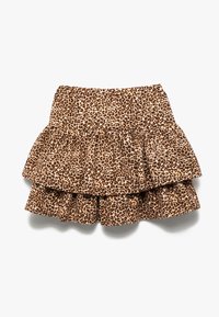 Lagdelte nederdele med leopardmønster og flæse-design, der har en brun og beige farveskala, samt en elastisk talje for komfort.