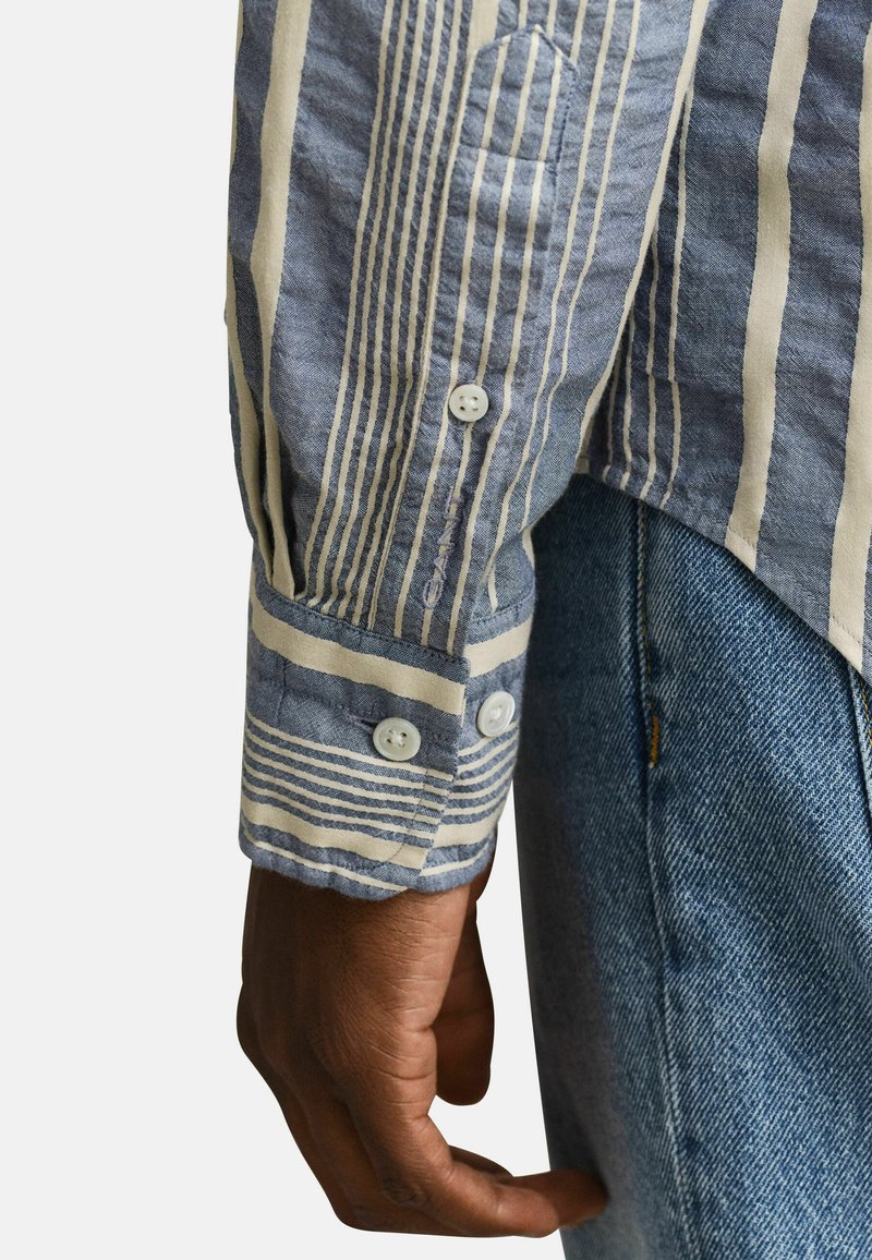 Dunkelhäutige Hand neben manschettenärmeligem Hemd mit blau-weißen vertikalen Streifen und weißen Knöpfen, kombiniert mit hellblauen Jeans.