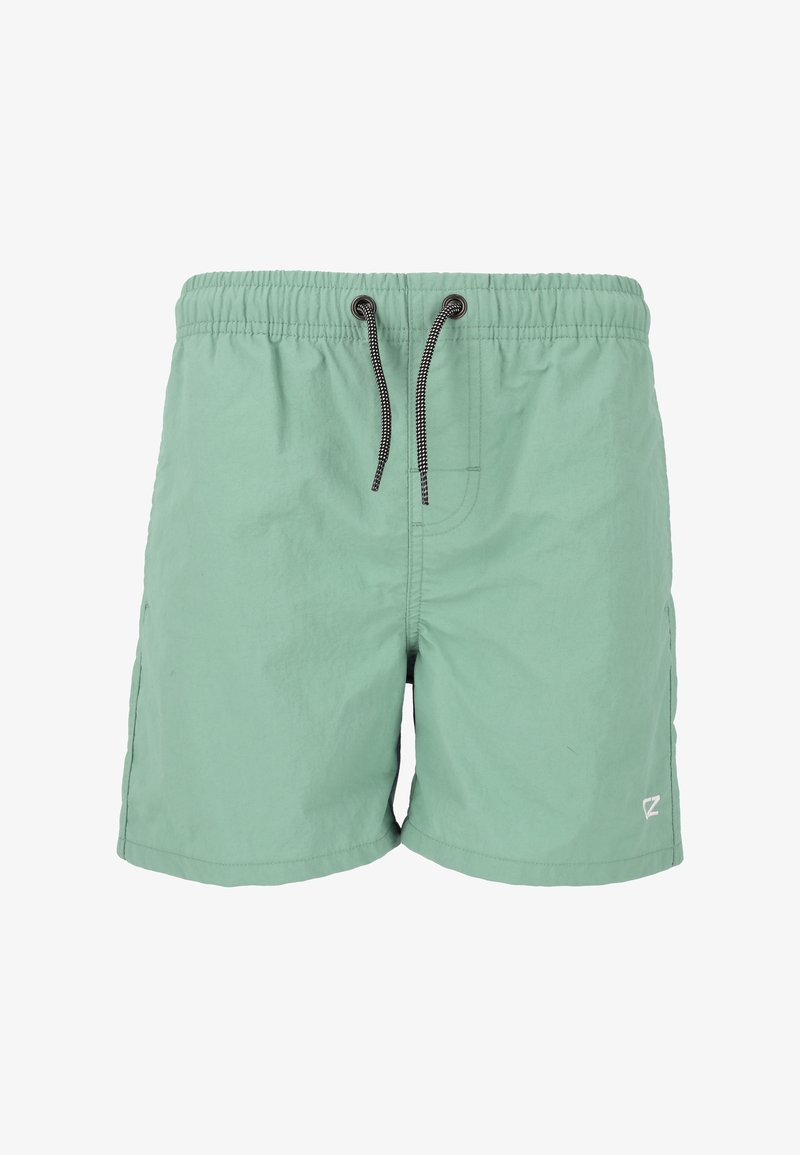 Shorts de bain vert menthe, fabriqués en tissu léger, dotés d'une taille élastique avec un cordon noir et un petit détail de logo.