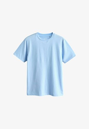 Hellblaues T-Shirt aus Baumwolle mit kurzen Ärmeln und Rundhalsausschnitt, schlichtes Design ohne sichtbare Muster oder Logos.