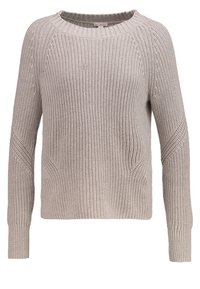 Hellbeige gestrickter Pullover mit langen Ärmeln und einem gerippten Rundhalsausschnitt, der strukturierte Muster an den Ärmeln und am Körper aufweist.