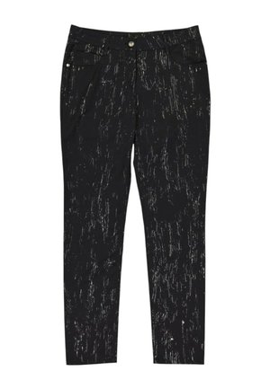 Pantalon slim noir avec motif abstrait de rayures blanches, bouton avant et poches latérales, posé à plat sur fond blanc.