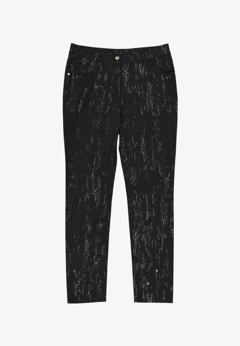 Pantalon slim noir avec motif abstrait de rayures blanches, bouton avant et poches latérales, posé à plat sur fond blanc.