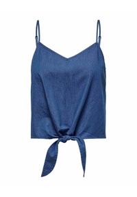 Top corto in denim con spalline sottili regolabili, scollatura a V e dettaglio con nodo sul bordo inferiore. Colore blu scuro uniforme, texture liscia.
