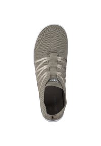 Beige mesh sneaker with elastic straps for closure, rounded toe, and white rubber sole. Size 42 marked inside.