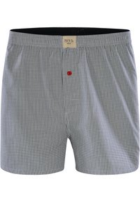 Boxer in cotone a quadretti blu e bianchi, con un pulsante rosso davanti e una cintura morbida. Leggero e dal fit rilassato.