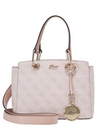 Vaaleanpunainen kuvioitu käsilaukku, jossa on jämäkkä muotoilu, kultaiset yksityiskohdat, kaksinkertaiset kahvat ja irrotettava olkahihna.