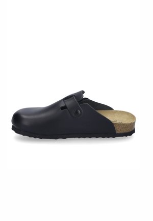 Black slip-on clog with a rounded toe, made of synthetic material. Features a single adjustable strap and cork footbed for comfort.