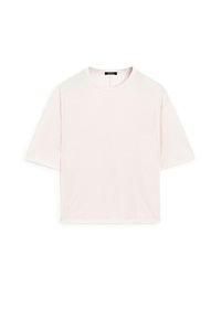 T-shirt met korte mouwen en ronde hals in zacht lichtroze stof. Losse pasvorm met rechte zoom en geen zichtbare patronen of versieringen.