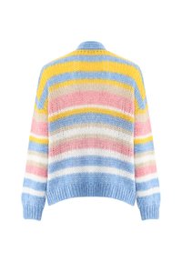 Strickpullover in Blau, Gelb, Pink und weißen Streifen. Mit einem runden Ausschnitt und gerippten Bündchen. Leichter und strukturierter Stoff.
