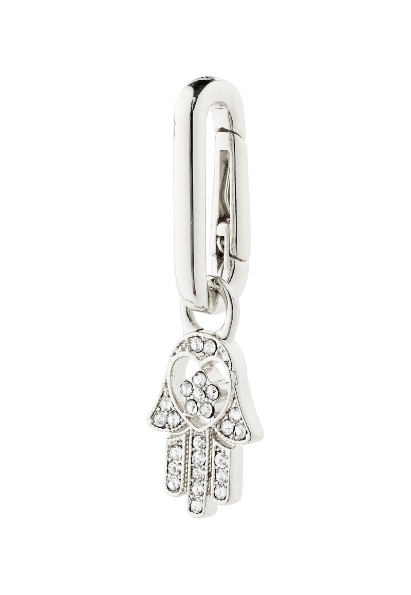 Charm argint în formă de mână, decorat cu cristale strălucitoare, având un design o inimă în centru. Atașat cu un încheietor metalică elegantă.