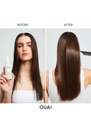 OUAI hårbehandling før og efter: venstre viser vådt, krøllet hår; højre præsenterer glat, glansfuldt brunt hår, der bliver kæmmet med en sort kam.