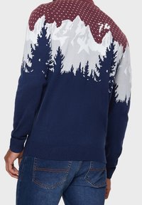 Pull en tricot avec une base marine, des épaules et parties supérieures bordeaux, orné d'un motif de montagnes et de forêt en blanc et gris clair.