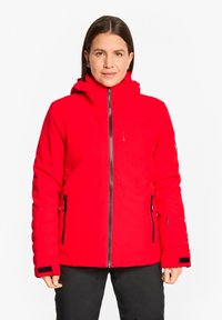 Red insulated jacket with a high collar, zip front, and adjustable cuffs. Features zip pockets and a zip-off hood. Smooth texture.